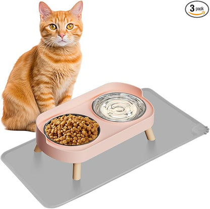 Elevated Cat Bowl with Food Mat, Raised Cat Food and Water Bowl Set by HIAIEVIY