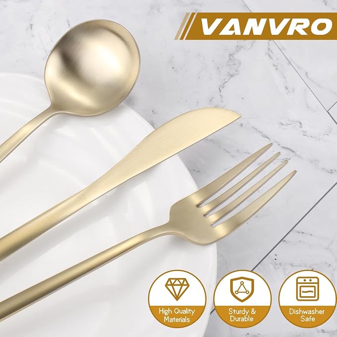 VANVRO Champagne Gold Silverware Set, 60-Piece Stainless Steel Flatware set - Image 4