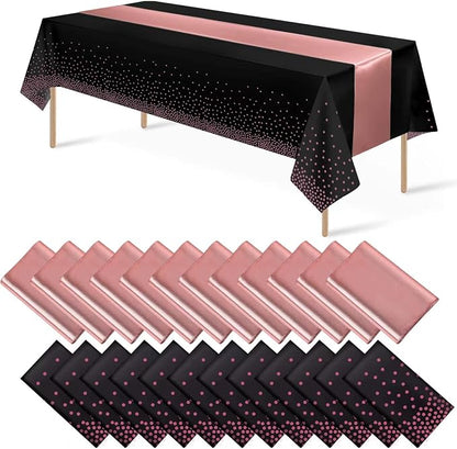 24Pack Disposable Plastic Tablecloth and Satin Table Runner Black and Rose Gold by MASHAN