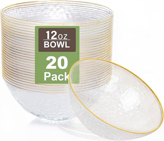 Rubtlamp 20 Pack Clear Disposable Bowls, Clear Plastic Bowls with Gold Rim, 12-16oz Premium Heavy Duty Plastic Dinner Bowls for Party, Wedding and Holiday