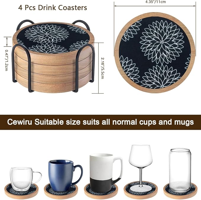 Wood Coasters Set of 4 with Holder, Cewiru Cup Mat - Image 6