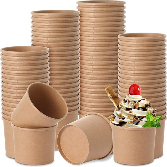 Honeydak 100 Pieces Ice Cream Soup Cups Paper 12 oz Disposable Sundae Bowls Kraft Paper Hot Cold Snack Yogurt Dessert Small Cups for Ice Cream Baby Shower Party Supplies, Brown Disposable Bowls