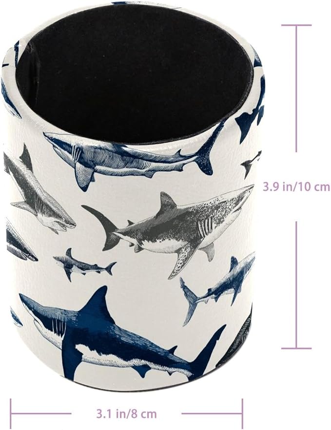 Leather Pen Holder for Desk, Sharks Pencil Cup Pen Organizer Makeup Brush - Image 3