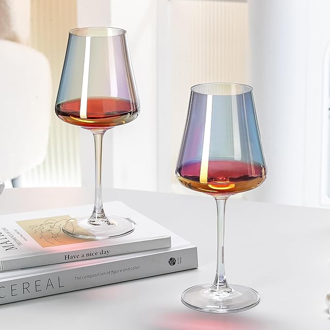 PTSTING Wine Glasses Set of 4 Iridescent Wine Glass 14oz Rainbow Glassware for Tasting,Wedding,Anniversary,Christmas, Birthday