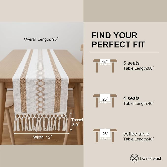 Fall Table Runner for Coffe Table Home Boho Decor 12x90 Inch Beige | 90 Inches - Image 2