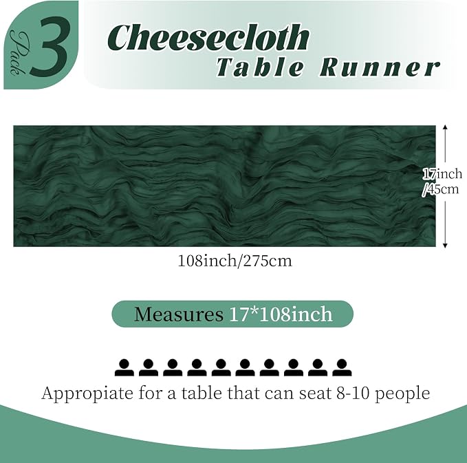3 Pack Emerald Green Cheesecloth Table Runner, 17 x 108 Inch, Gauze Cheese - Image 2