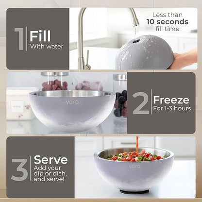 Vora 70oz Dip Chiller Bowl with Lid | Iced Grey Stainless Steel Chilled Dip Bowl for Dips, Guacamole, Hummus, Salsa | Insulated Serving Dishes with Easiest Water Fill & Refillable Chamber
