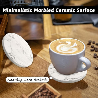 Ceramic Coaster Set of 8, 4 Inch Drink Coasters with Holder, Absorbent Drink Coasters for Dining Table, Round Coasters Set for Drinks, Cup Coaster for Home Decor, Housewarming Gift