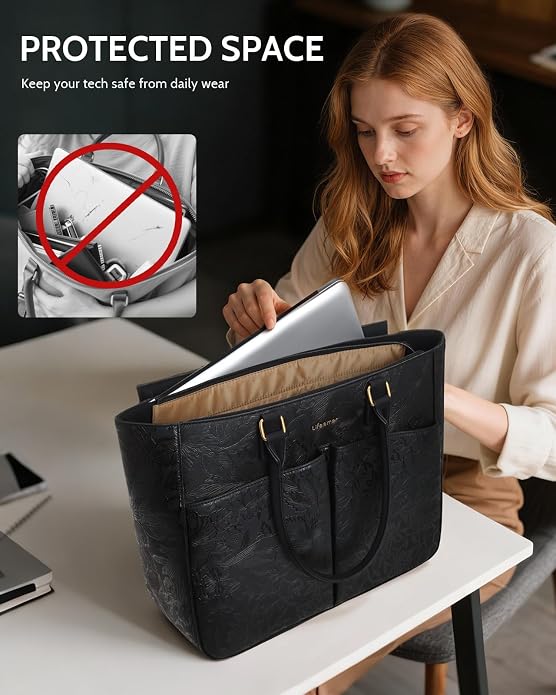 Laptop Tote Bag for Women, Leather Work Tote - Image 4
