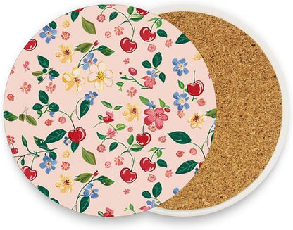 Coasters for Drinks Coaster Drink Set Decorative Coffee Table Desk Cup Mat Spring Cute Cork Bar Backing Round Home Decor Cute Cherry Blue Flowers26