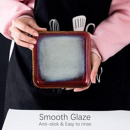 HENXFEN LEAD Small Square Plates 6.3 Inch – Ceramic Dessert, Appetizer & Snack Plates Microwave & Dishwasher Safe – Set of 4, Reactive Glaze Red