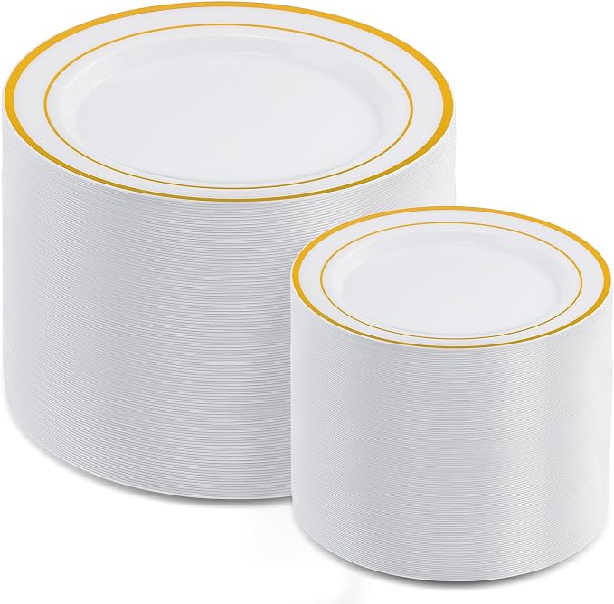 AOZITA 200PCS Gold Plastic Plates Set, Heavy Duty Disposable Plates by AOZITA