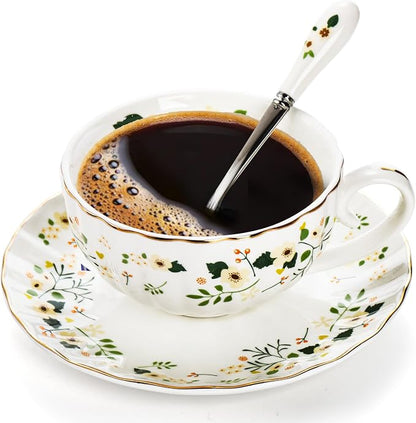 Lyellfe Set of 2 Tea Cup and Saucers | 6 Oz Floral Tea Cups - Image 5