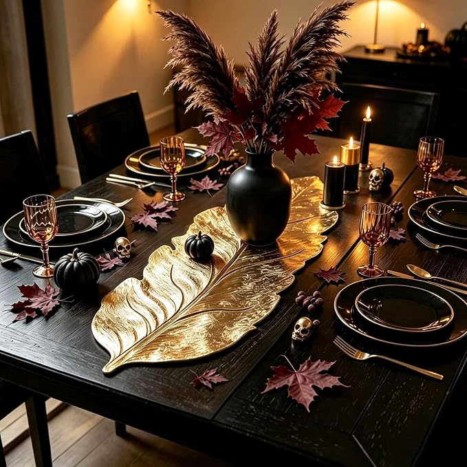 Gold Leaf Table Runner 36 Inch Small Dresser Vinyl Runner Fall Decor | Heat - Image 8