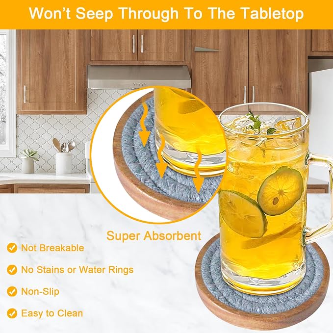 Wood Coasters for Drinks, Eykao Absorbent Coaster Sets of 5, Woven Drink - Image 2