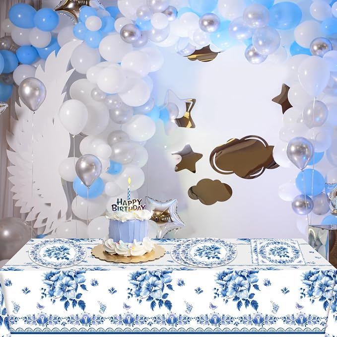 41Pcs Blue White Floral Party Decorations Disposable Tableware Set Serves 20 - Image 7