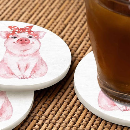 Cute Pig with Bandana Coasters for Drinks Cartoon Animal Sketch Portrait Sit Lovely Adorable Farm for Tabletop Protection Coffee Table Living Room Kitchen Office Home Decor 2 Pcs,4 Inch