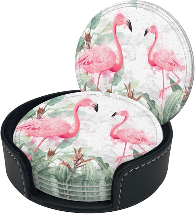 6 Pcs Watercolor Tropical Flamingo Leather Coasters - Image 2