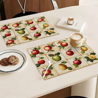 Apple Pear Placemats Set of 4, Retro Fruit Place Mats, Fruits Waterproof Washable Table Mats for Home Party Indoor Kitchen Dining Table Decoration 12x18 Inch