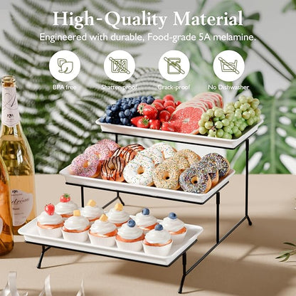3-Tier Melamine Serving Tray Set, 14"x7" Platters for Serving Food, White Reusable Trays with Black Metal Display Stand for Cupcakes, Sevring Food, Dessert, Fruit, Cookie, Black