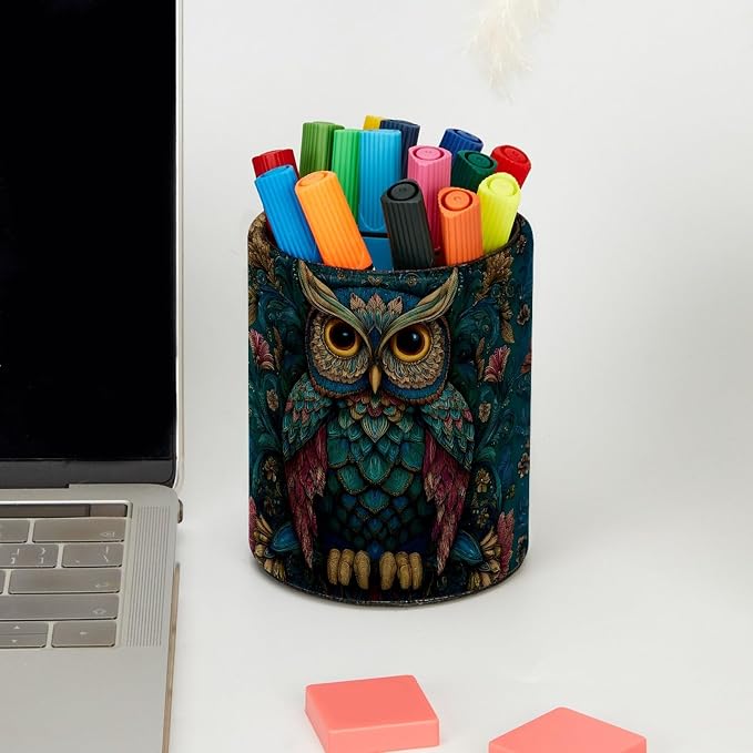 Vintage Owl and Flower Leather Pen Holder - Image 5