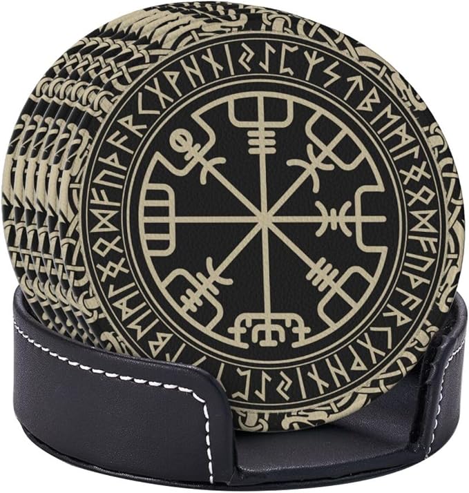 Black Celtic Viking Design Drinking Coasters PU Leather Coaster - Image 2