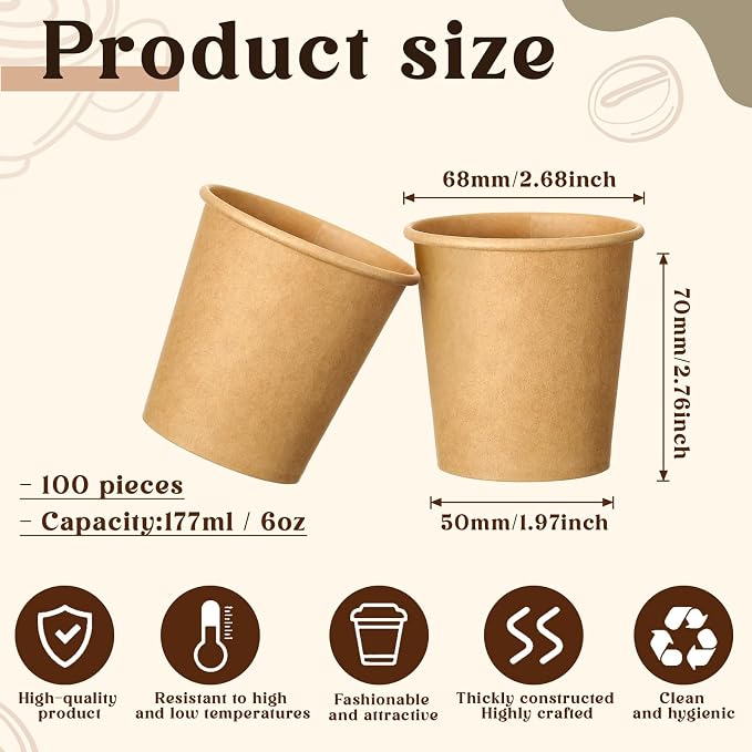 100 Pack 6oz Mini Coffee Cups Disposable Paper Cups Hot or Cold Beverage Cup - Image 2