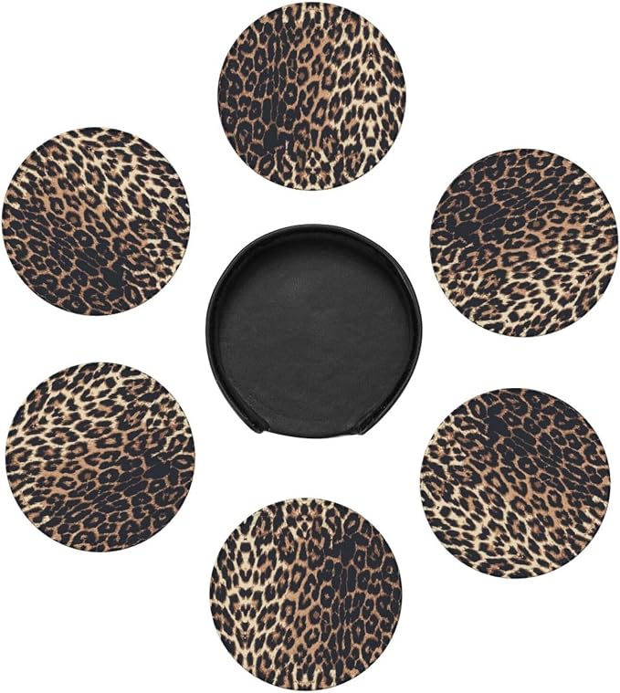 Brown and Black Leopard Texture Spots Premium Leather Coasters - Image 2