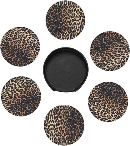 Brown and Black Leopard Texture Spots Premium Leather Coasters - Image 2