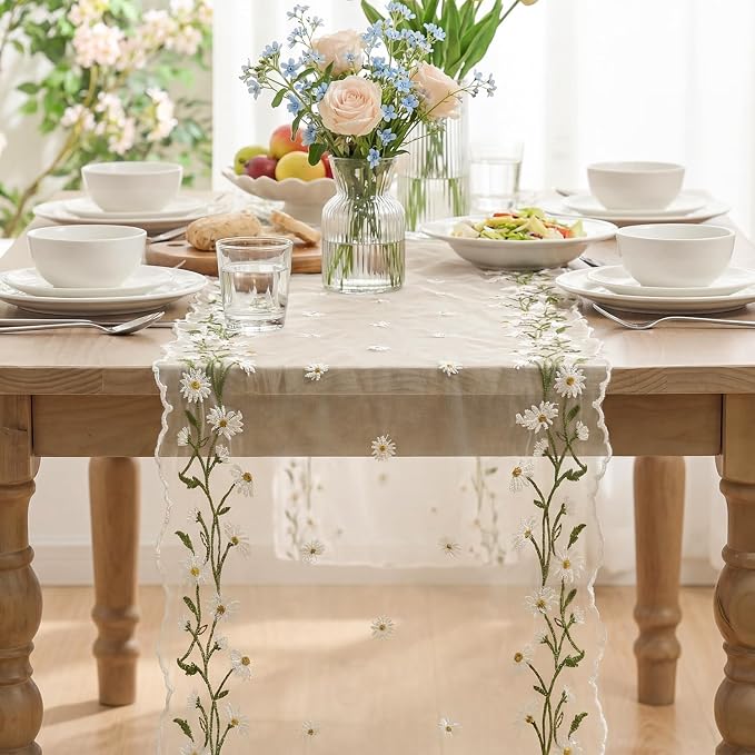 Artoid Mode Daisy Floral Beige Apricot Shaped Gauze Embroidery Table Runner 120 - Image 2