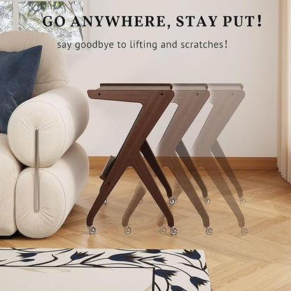ZIYOO Solid Wood Mobile Side Table with Lockable Wheels, Multi-Functional Rolling End Table & Nightstand for Bedroom/Living Room, Small Spaces, Walnut
