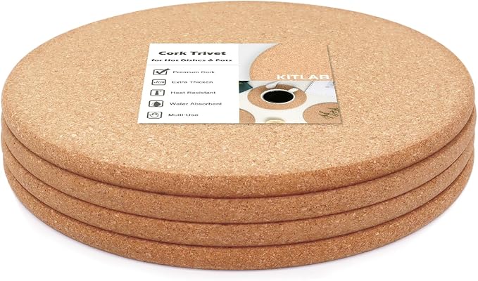 Cork Trivets for Hot Dishes, Hot Pots and Pans, 10 Inch 4 Pcs | High Density by KITLAB