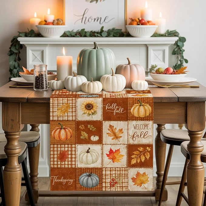 Fall Checkered Table Runner 72 Inches Long, Thanksgiving Pumpkins Table Runners - Image 7