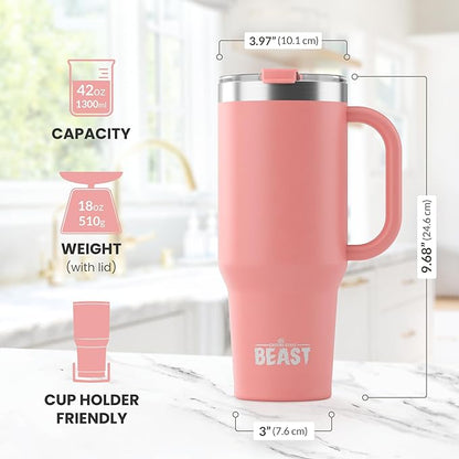Beast 42 oz Tumbler with Handle Stainless Steel Vacuum Insulated Coffee Ice Cup Double Wall Travel Flask (Blossom Pink)