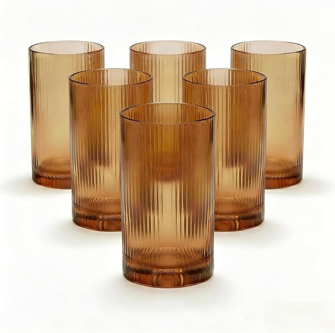 Physkoa Brown Ribbed Drinking Glasses Set of 6 – Vintage Embossed Highball - Image 2