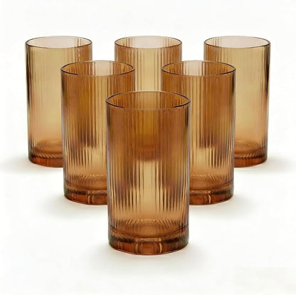 Physkoa Brown Ribbed Drinking Glasses Set of 6 – Vintage Embossed Highball - Image 2
