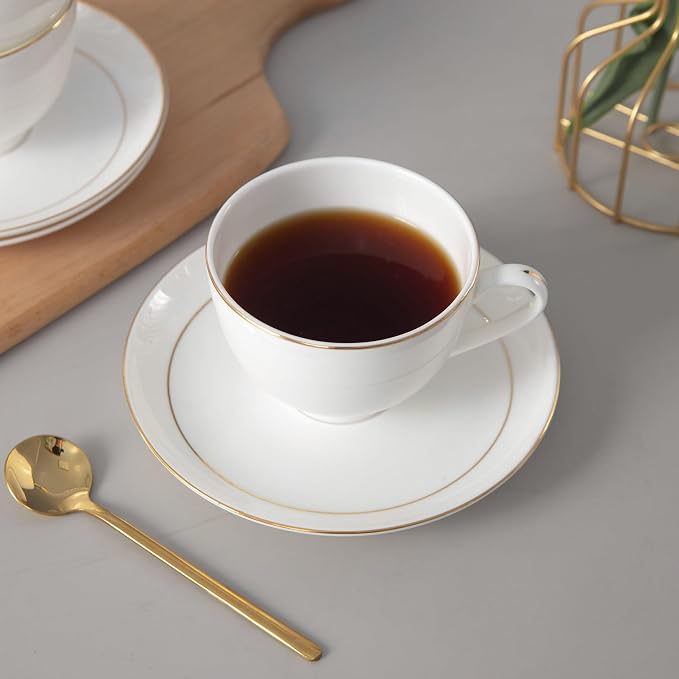 Bone China Tea Cups and Saucers Set – White Luxury Fine Porcelain Mugs - Image 2