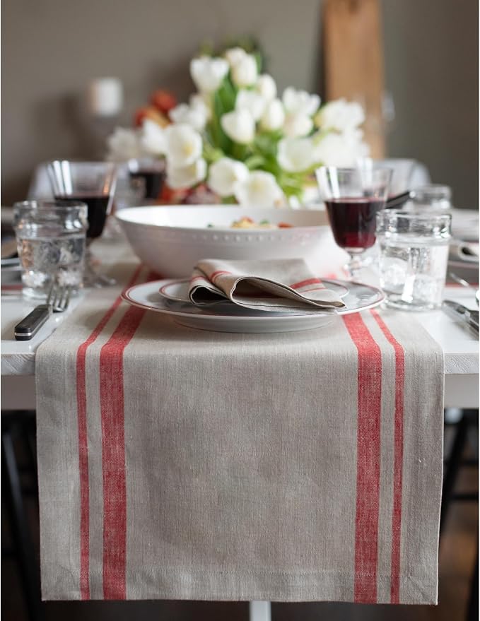 Solino Home 100% Pure Linen Table Runner, 14 x 120 in, French Stripe | Table by SolinoHome