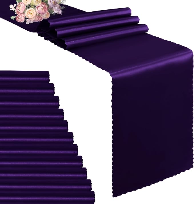 VACVELT Purple Satin Table Runners, 12x72 Inch, 12 Pack, Scalloped Edge | Silky by VACVELT