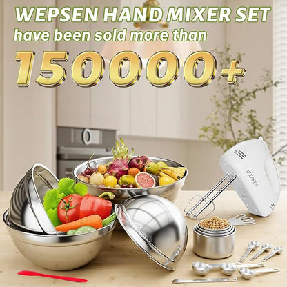 5-Speed Electric Hand Mixer, 4 Large Mixing Bowls Set, Handheld Mixers with Whisks Beater, Stainless Steel Metal Nesting Bowl Measuring Cups Spoons Kitchen Cake Blender for Baking Supplies