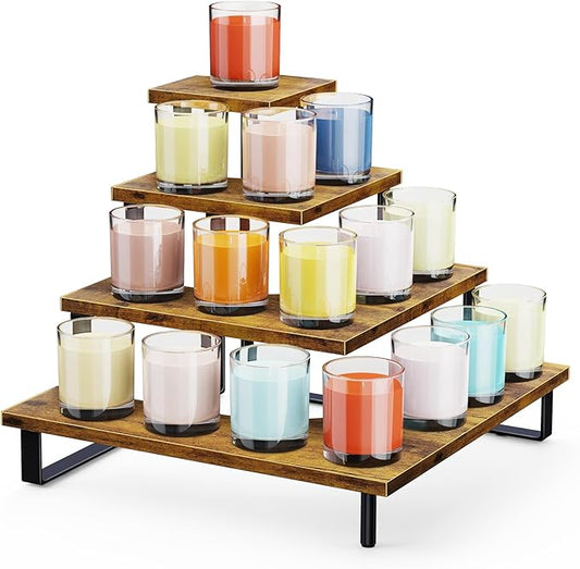 ELITEROO 4 Tier Riser Stand, Wooden Display Stands, Farmers Market Rack, Vendor Shelves for Craft Fair, Tumbler Candles, Perfume, Makeup, Right Angle Corner