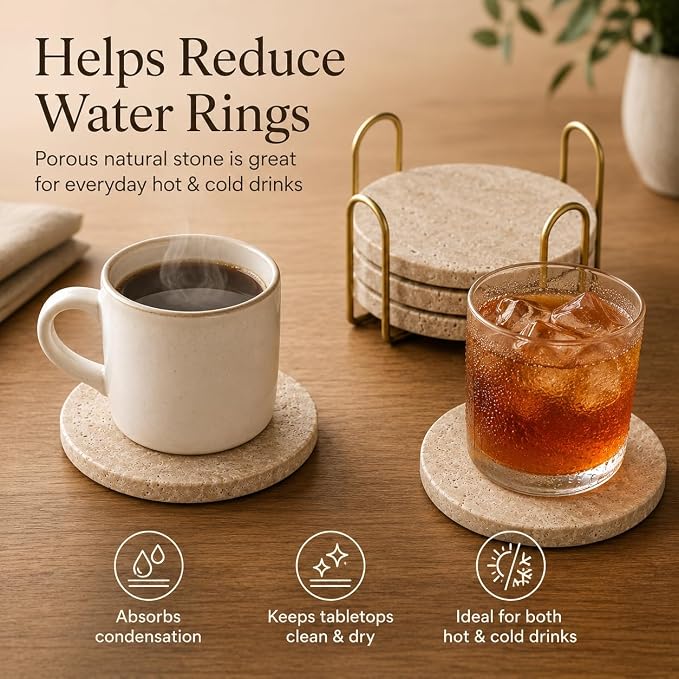 Travertine Coasters with Gold Holder, Cork Backing | Real travertine coasters - Image 7