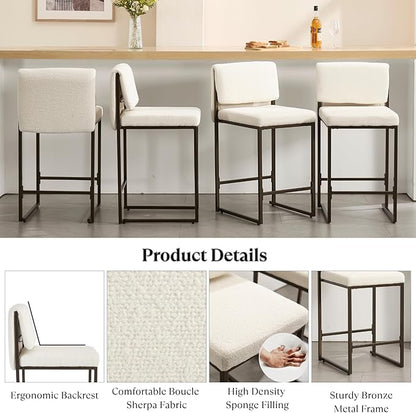 Modern Barstools Set of 2, 26” Upholstered Counter Height Bar Stools Sherpa Fabric Counter Stools with Padded Back Metal Frame for Kitchen Island Dining Room, White
