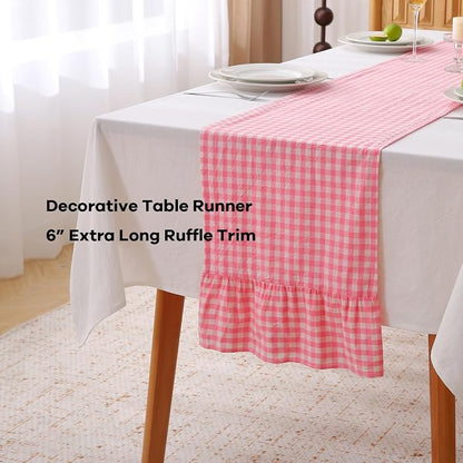 Coral Pink White Plaid Gingham Ruffle Table Runner 108 inches Long 100% Washed - Image 3