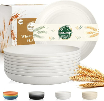 Wheat Straw Plates 10 Inch, Reusable Plastic Plates Set by BUSOKIP