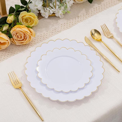 LIYH 120 Pcs White Plastic Scalloped Plates - Gold Fancy Disposable Plastic Plates Includes 60 Dinner 10.25" & 60 Dessert Plate 7.5" Elegant Gold Rim for Party Birthday Valentines Day