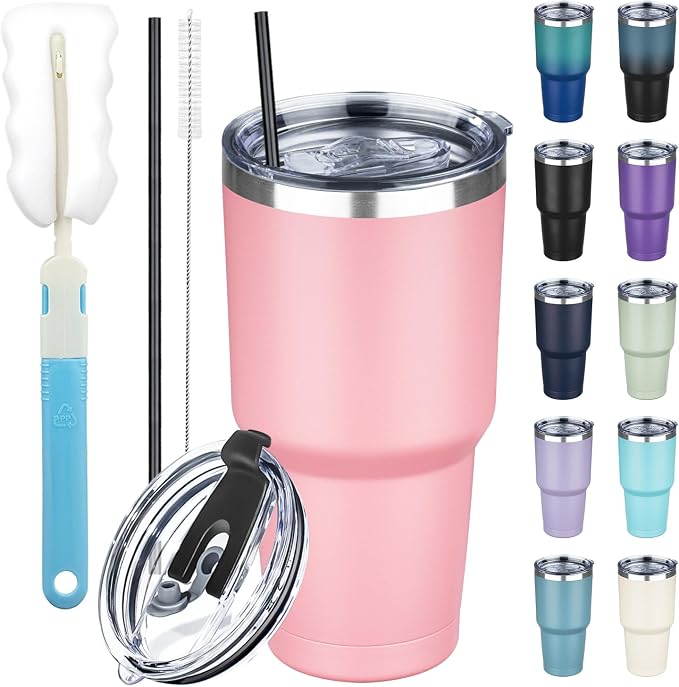 30 oz Tumbler with Lids and Straws, Stainless Steel Insulated Coffee Tumbler by GUDEMAO