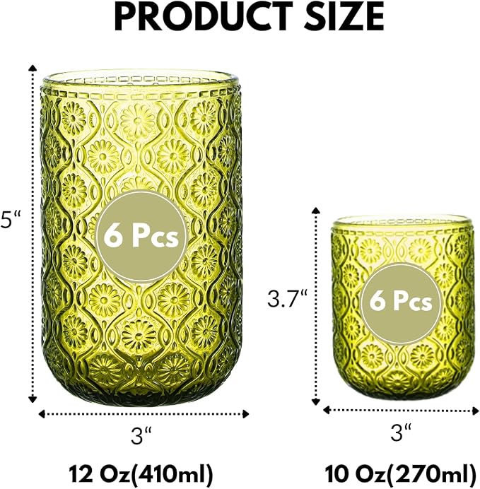 Green Drinking Glasses Set of 12, 12 Oz Highball & 10 Oz Cocktail Glasses - Image 4