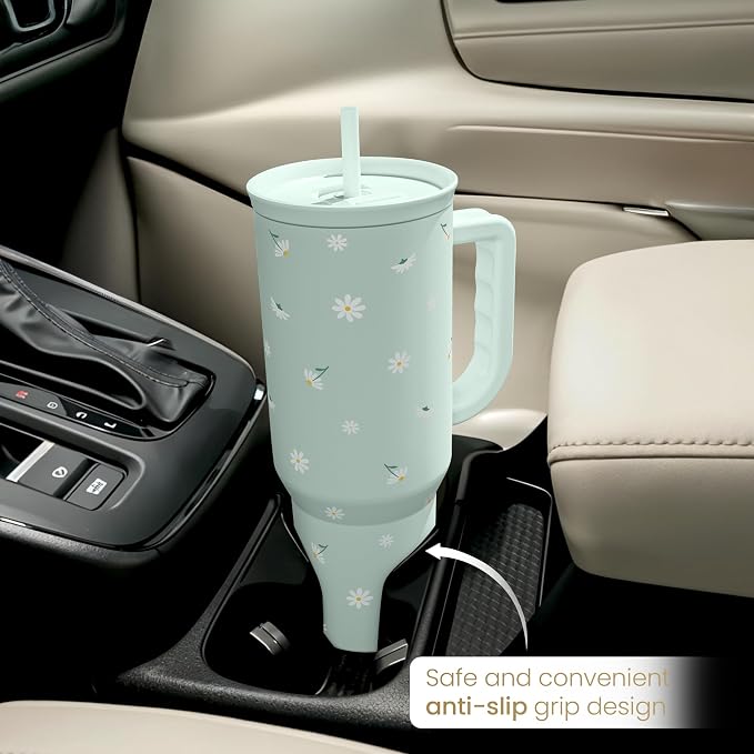 Daisy 40oz Tumbler with Handle and Straw – Flower Insulated Stainless Steel - Image 6