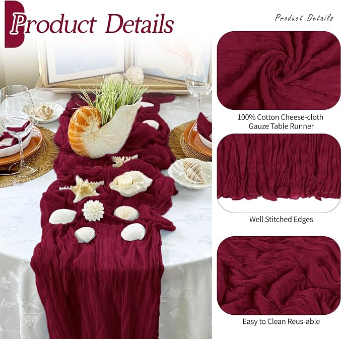 6 Pack Burgundy Cheesecloth Table Runner 17x108 Inch Semi Sheer Boho Gauze - Image 3